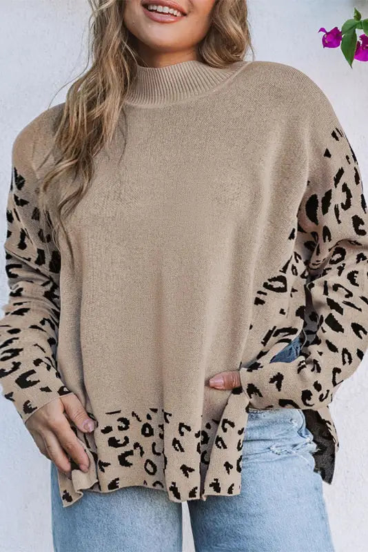 Khaki plus size leopard patchwork high neck sweater - 1x / 55% acrylic + 45% cotton