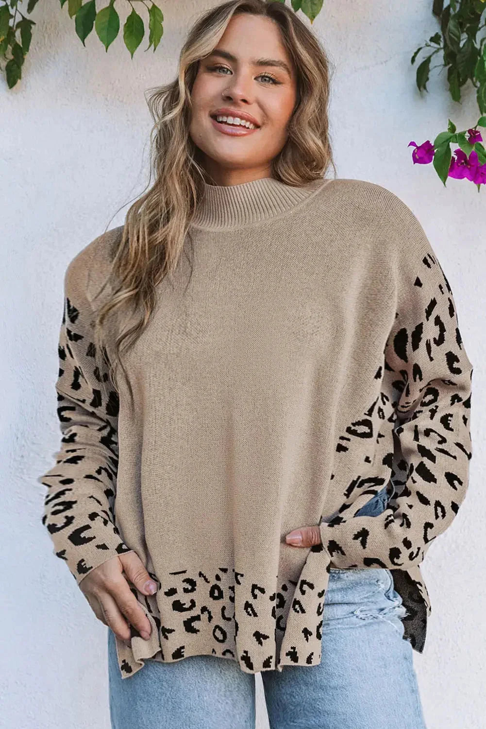 Khaki plus size leopard patchwork high neck sweater