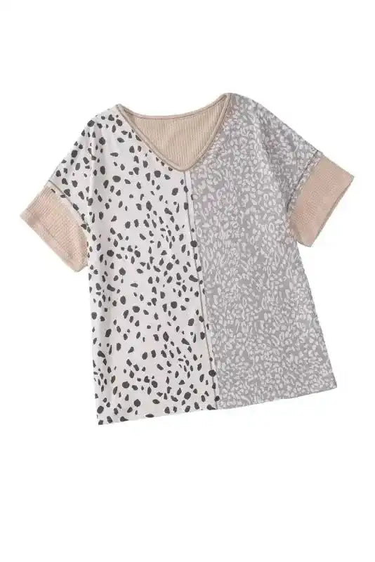 Product-only view of Khaki Plus Size Leopard Print Colorblock V Neck T Shirt showing full front design and short sleeves.