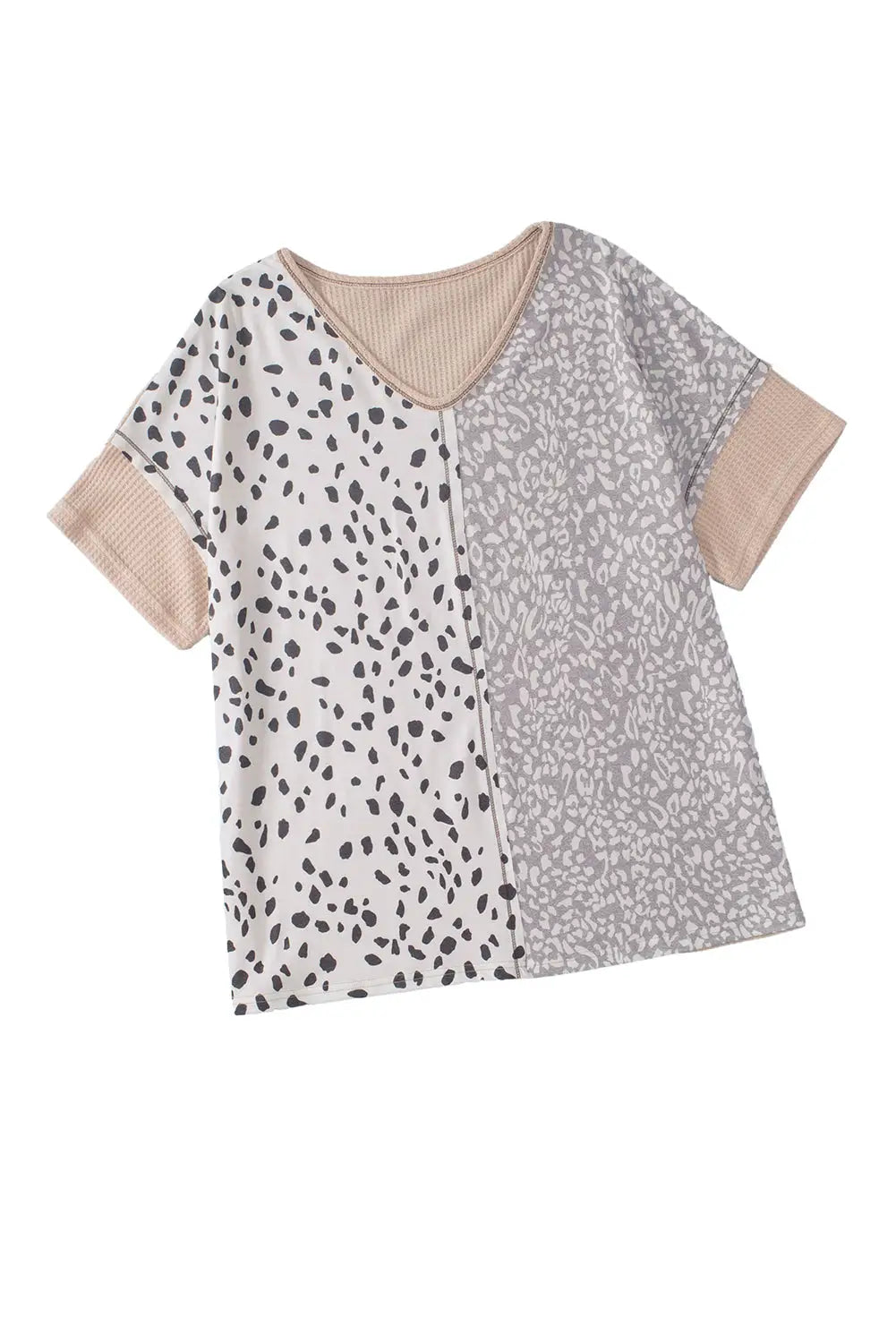 Khaki plus size leopard print colorblock v neck t shirt