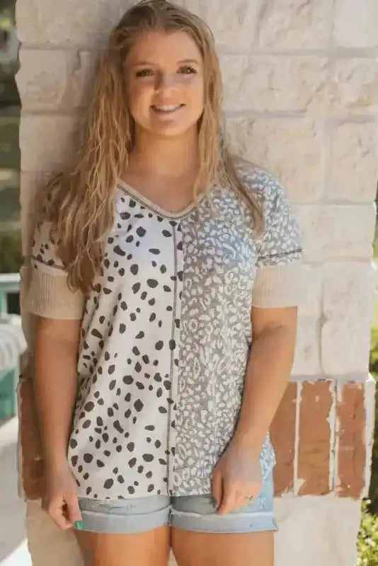 Front view of Khaki Plus Size Leopard Print Colorblock V Neck T Shirt featuring dual-tone leopard print and relaxed silhouette.