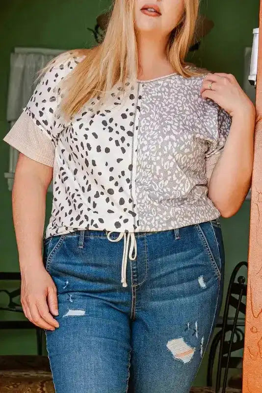 Front close-up of Khaki Plus Size Leopard Print Colorblock V Neck T Shirt with drawstring waist and casual summer style.