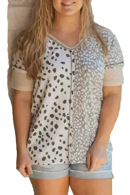 Khaki Plus Size Leopard Print Colorblock V Neck T Shirt with short sleeves and casual fit, styled with denim shorts for summer wear.