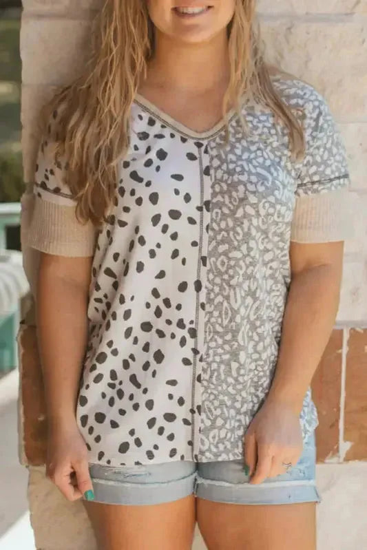 Khaki Plus Size Leopard Print Colorblock V Neck T Shirt - Fashionfitz