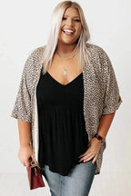 Khaki Leopard Print Cardigan - Plus Size styled over a black top and jeans, perfect for casual summer fashion from FashionFitz.