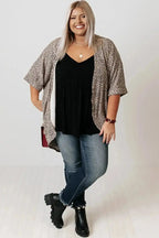 Khaki Leopard Print Cardigan - Plus Size Cardigans | FashionFitz styled with black top and jeans, featuring a relaxed fit and short sleeves.