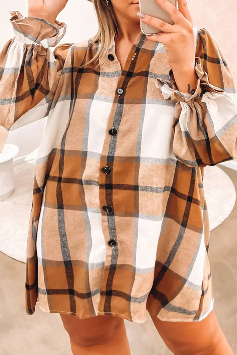 Khaki plus size plaid flounce sleeve button up shirt dress - 1x / 65% polyester + 35% cotton