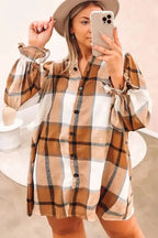 Khaki Plus Size Plaid Flounce Sleeve Button up Shirt Dress - Fashionfitz