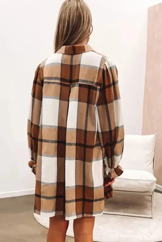 Khaki Plus Size Plaid Flounce Sleeve Button up Shirt Dress - Fashionfitz