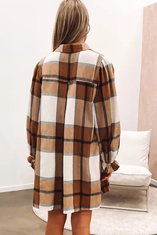 Khaki plus size plaid flounce sleeve button up shirt dress