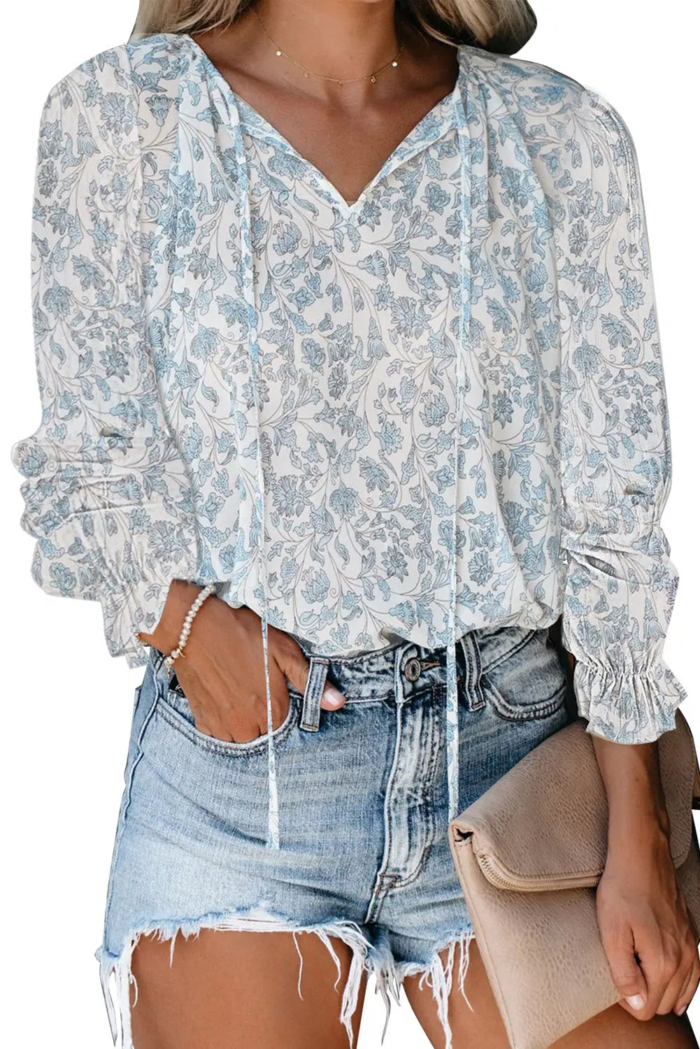 Khaki plus size printed long sleeve drawstring v neck blouse
