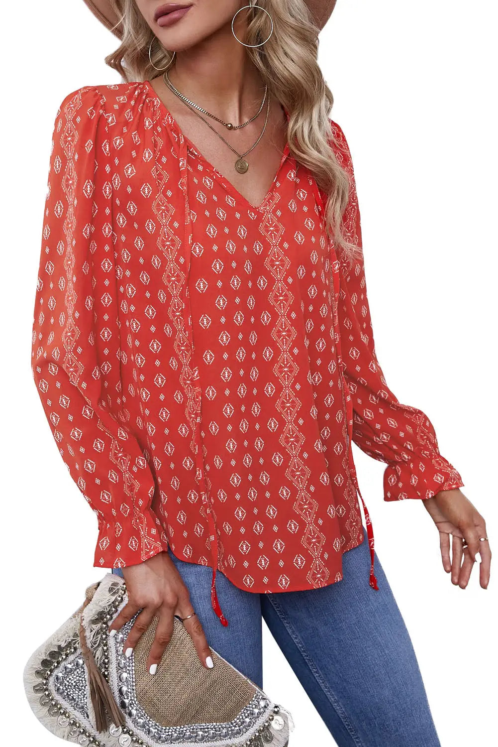 Khaki plus size printed long sleeve drawstring v neck blouse