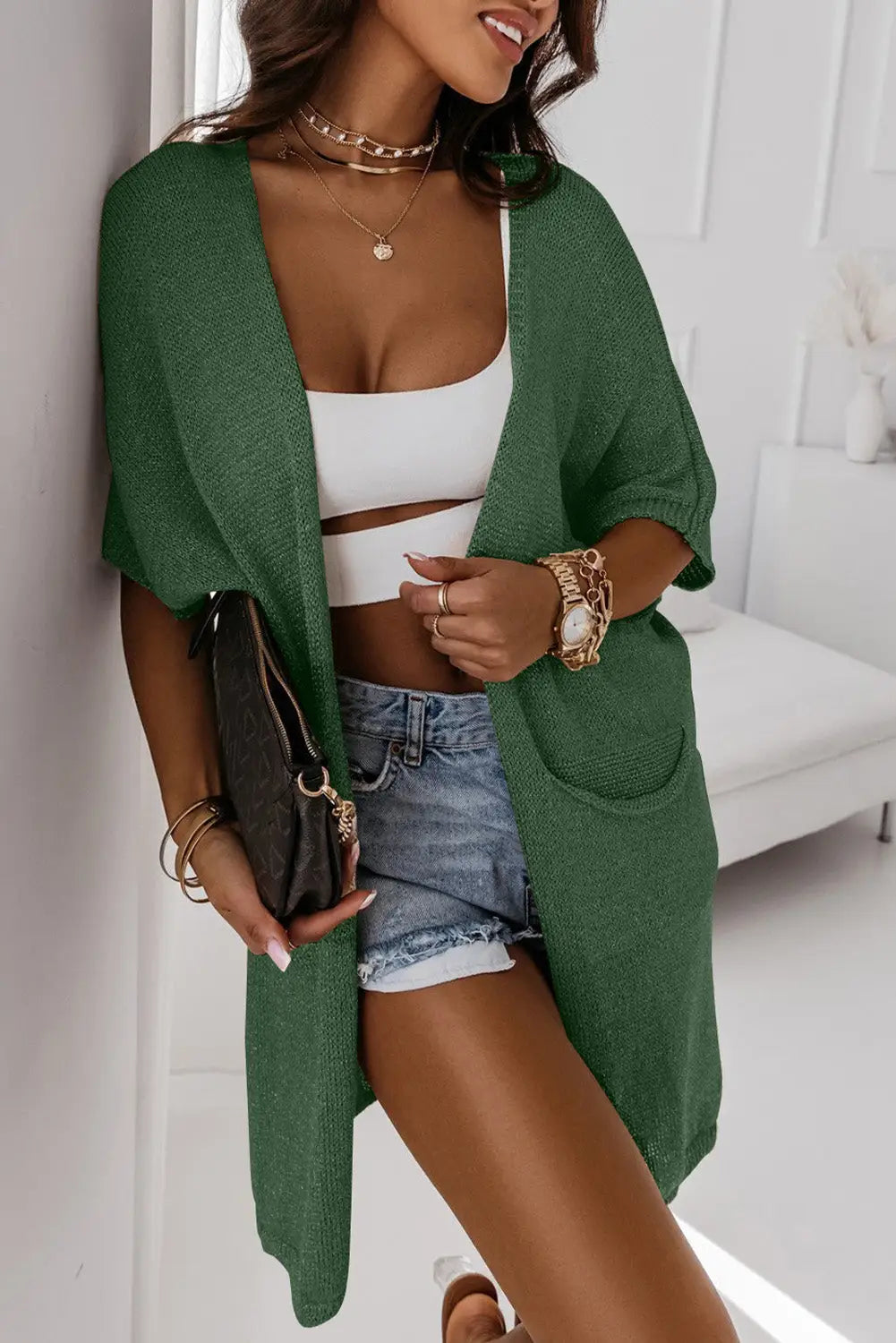 Khaki pocketed knit dolman sleeve cardigan - green / s / 100% acrylic - sweater & cardigans