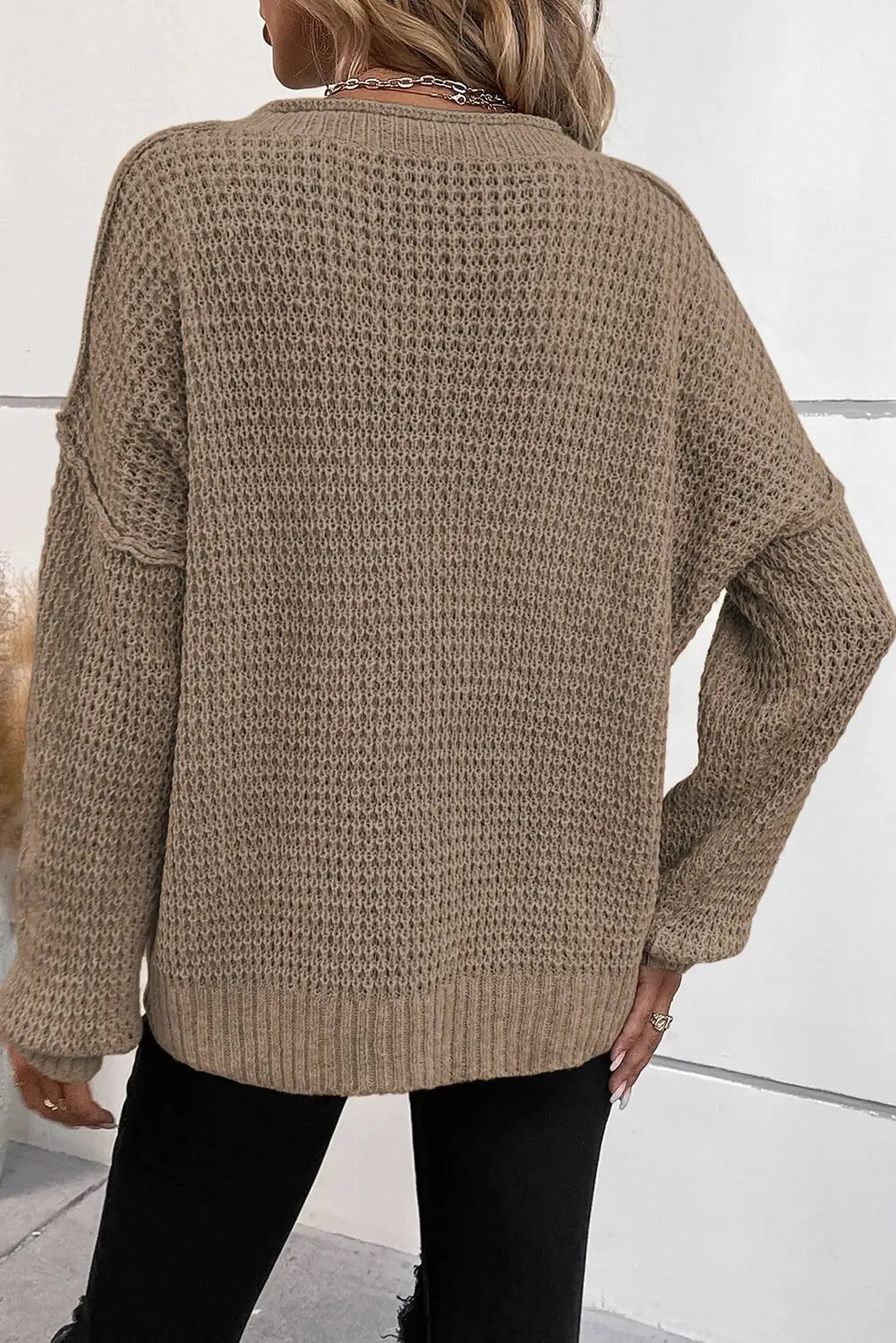 Khaki pointelle knit button v neck drop shoulder sweater - sweaters & cardigans