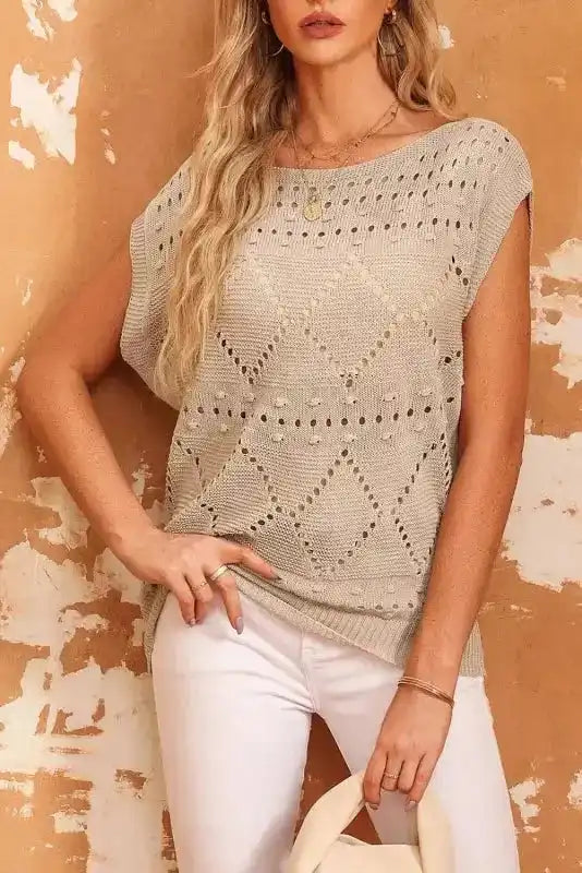Khaki Pointelle Knit Short Dolman Sleeve Sweater Top - Fashionfitz