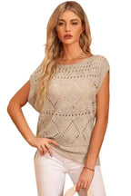 Khaki Pointelle Knit Short Dolman Sleeve Sweater Top - Fashionfitz