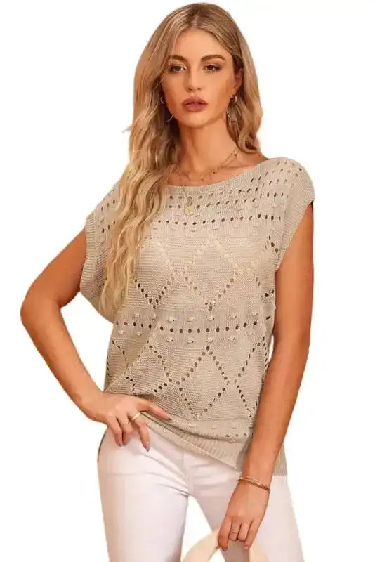 Khaki Pointelle Knit Short Dolman Sleeve Sweater Top - Fashionfitz
