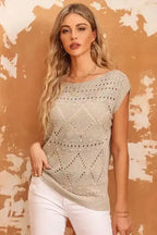 Khaki Pointelle Knit Short Dolman Sleeve Sweater Top - Fashionfitz