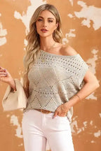 Khaki Pointelle Knit Short Dolman Sleeve Sweater Top - Fashionfitz