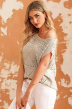 Khaki Pointelle Knit Short Dolman Sleeve Sweater Top - Fashionfitz