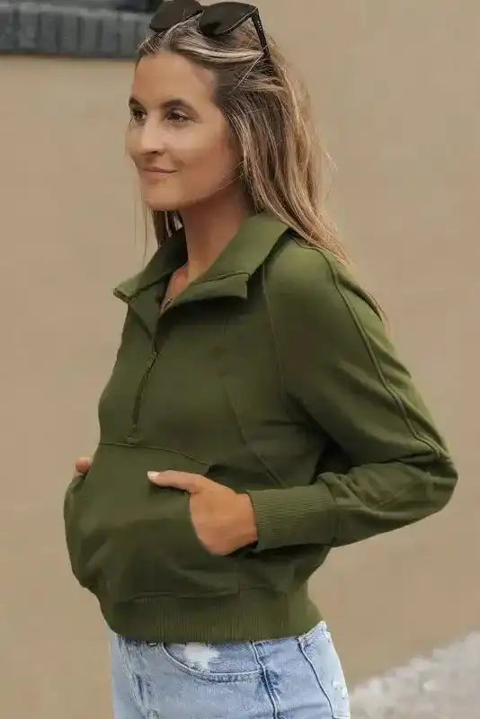 Khaki Printed Plaid Sleeve Patchwork Collared Textured Sweatshirt - Fashionfitz
