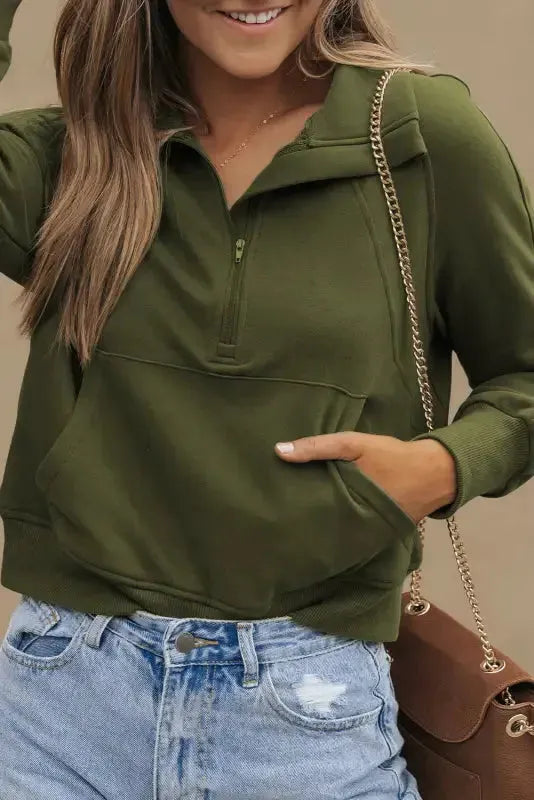 Khaki Printed Plaid Sleeve Patchwork Collared Textured Sweatshirt - Fashionfitz