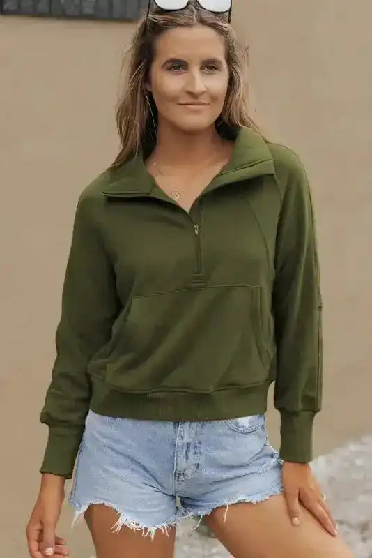 Khaki Printed Plaid Sleeve Patchwork Collared Textured Sweatshirt - Fashionfitz