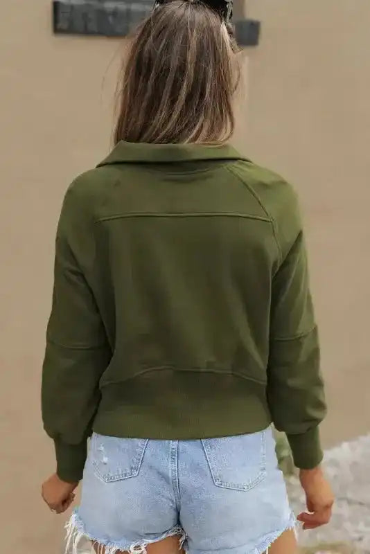 Khaki Printed Plaid Sleeve Patchwork Collared Textured Sweatshirt - Fashionfitz