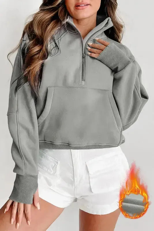 Khaki Printed Plaid Sleeve Patchwork Collared Textured Sweatshirt - Fashionfitz