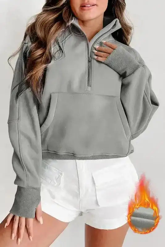 Khaki Printed Plaid Sleeve Patchwork Collared Textured Sweatshirt - Fashionfitz