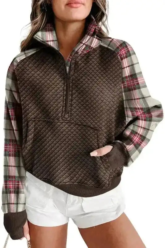 Khaki Printed Plaid Sleeve Patchwork Collared Textured Sweatshirt - Fashionfitz