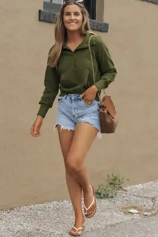 Khaki Printed Plaid Sleeve Patchwork Collared Textured Sweatshirt - Fashionfitz