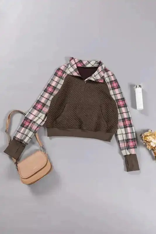 Khaki Printed Plaid Sleeve Patchwork Collared Textured Sweatshirt - Fashionfitz