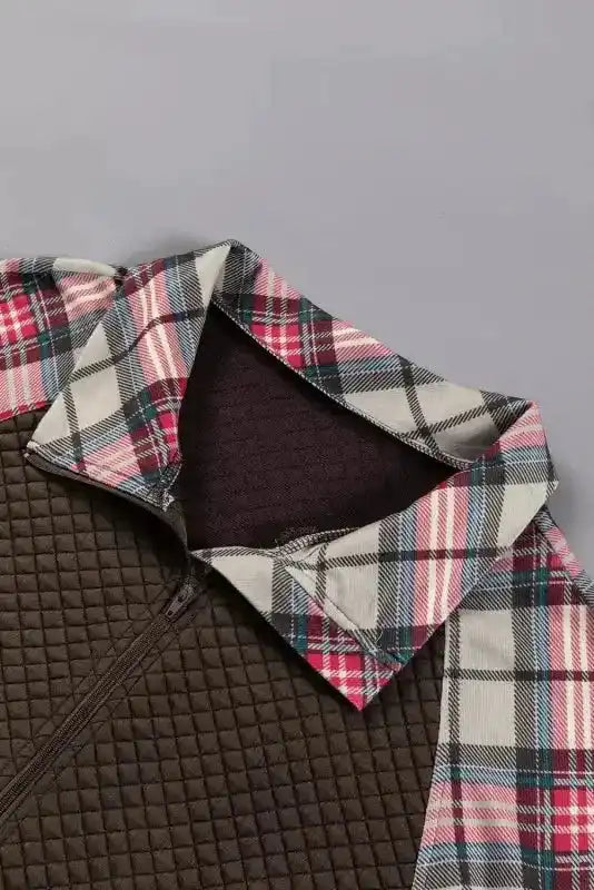 Khaki Printed Plaid Sleeve Patchwork Collared Textured Sweatshirt - Fashionfitz