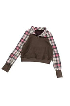 Khaki Printed Plaid Sleeve Patchwork Collared Textured Sweatshirt - Fashionfitz