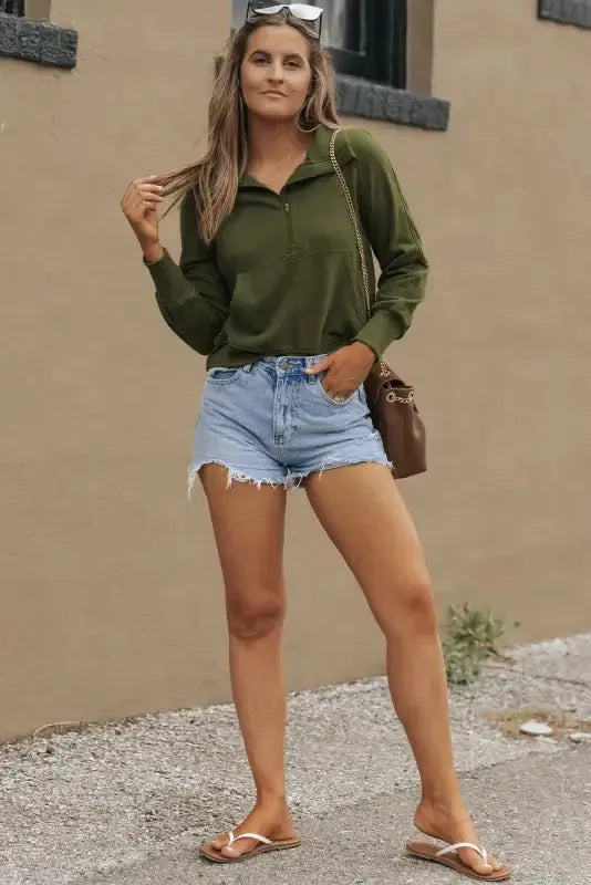 Khaki Printed Plaid Sleeve Patchwork Collared Textured Sweatshirt - Fashionfitz