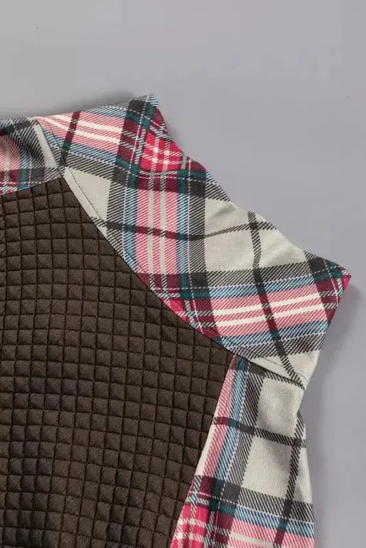 Khaki Printed Plaid Sleeve Patchwork Collared Textured Sweatshirt - Fashionfitz