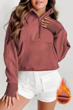 Khaki Printed Plaid Sleeve Patchwork Collared Textured Sweatshirt - Fashionfitz