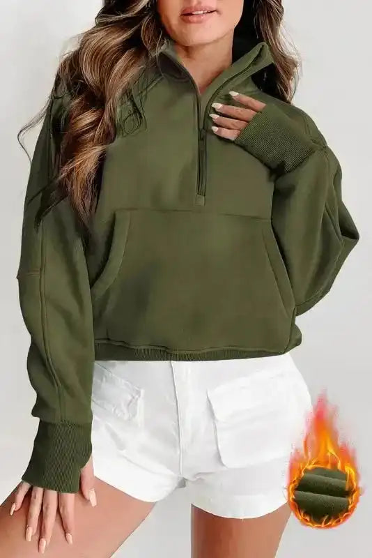 Khaki Printed Plaid Sleeve Patchwork Collared Textured Sweatshirt - Fashionfitz