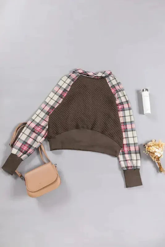 Khaki Printed Plaid Sleeve Patchwork Collared Textured Sweatshirt - Fashionfitz