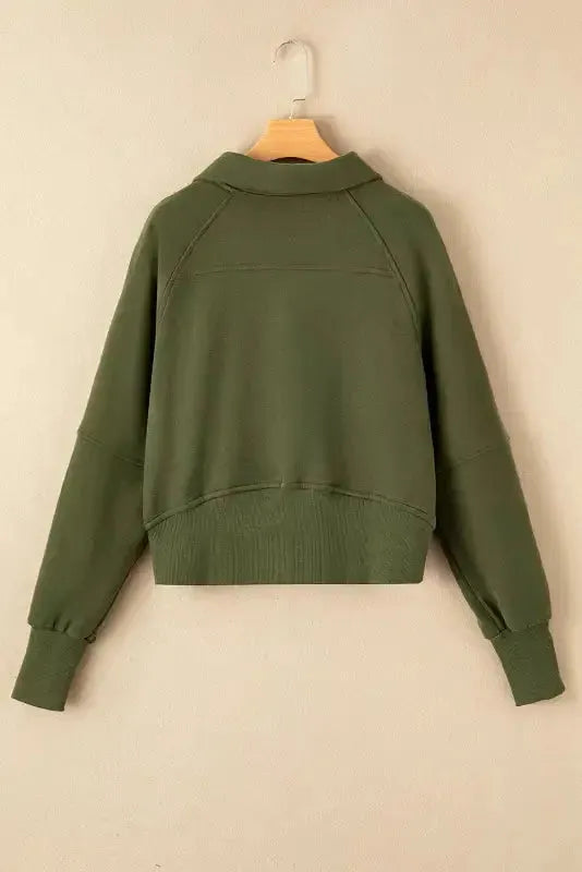 Khaki Printed Plaid Sleeve Patchwork Collared Textured Sweatshirt - Fashionfitz