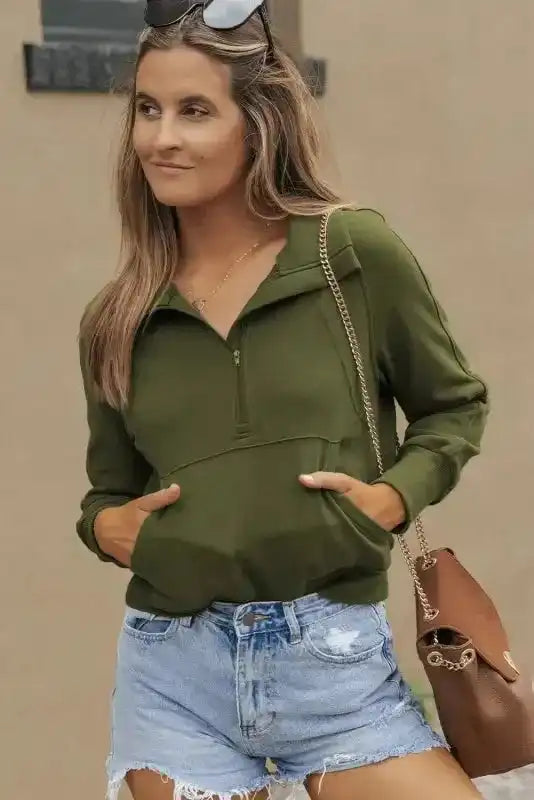 Khaki Printed Plaid Sleeve Patchwork Collared Textured Sweatshirt - Fashionfitz