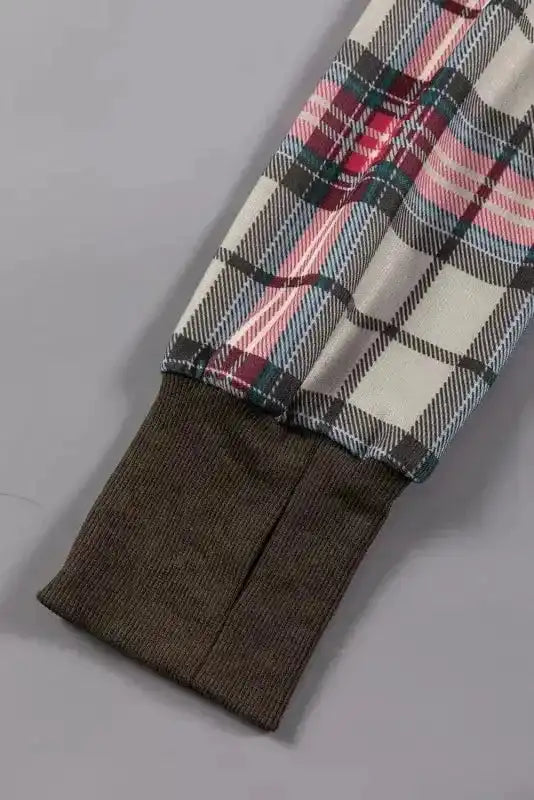 Khaki Printed Plaid Sleeve Patchwork Collared Textured Sweatshirt - Fashionfitz