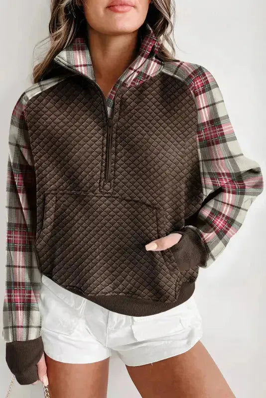 Khaki Printed Plaid Sleeve Patchwork Collared Textured Sweatshirt - Fashionfitz