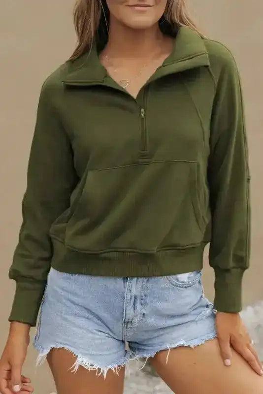 Khaki Printed Plaid Sleeve Patchwork Collared Textured Sweatshirt - Fashionfitz