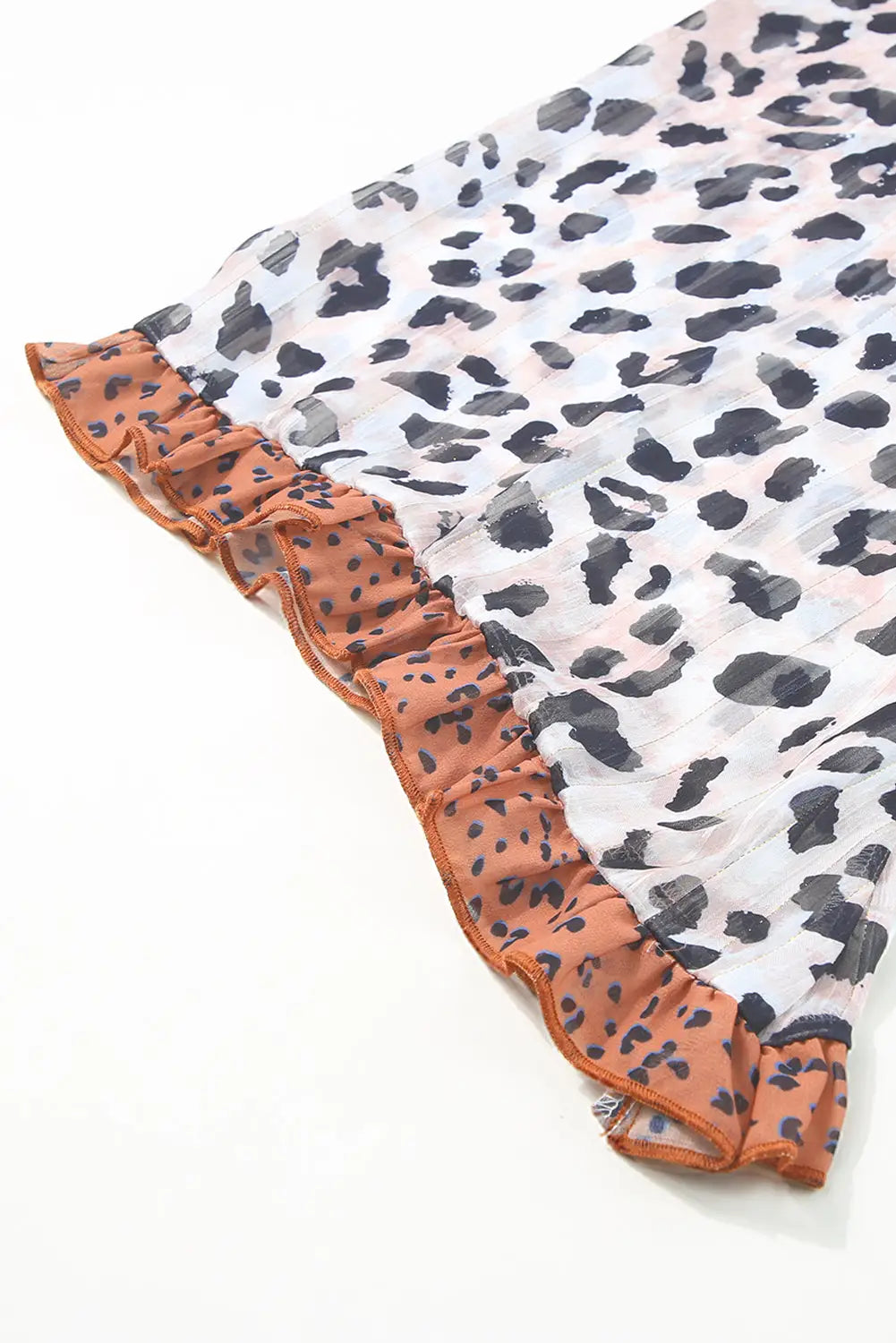 Khaki printed plus ruffle leopard sleeve waffled color block top - size
