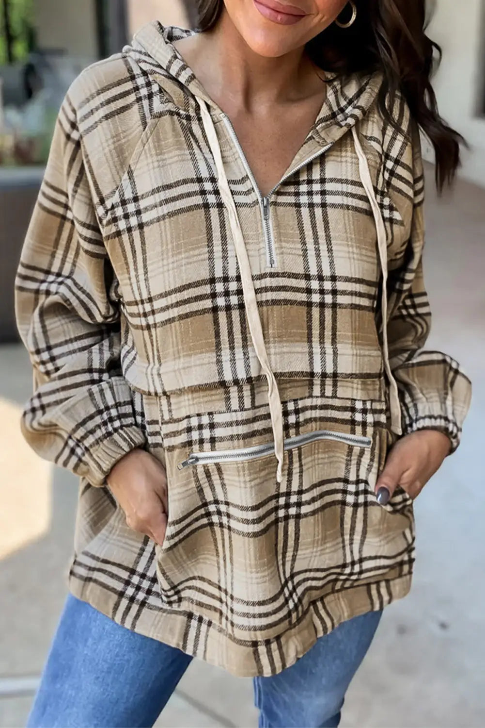 Khaki printed zipped front pullover plaid hoodie - l /