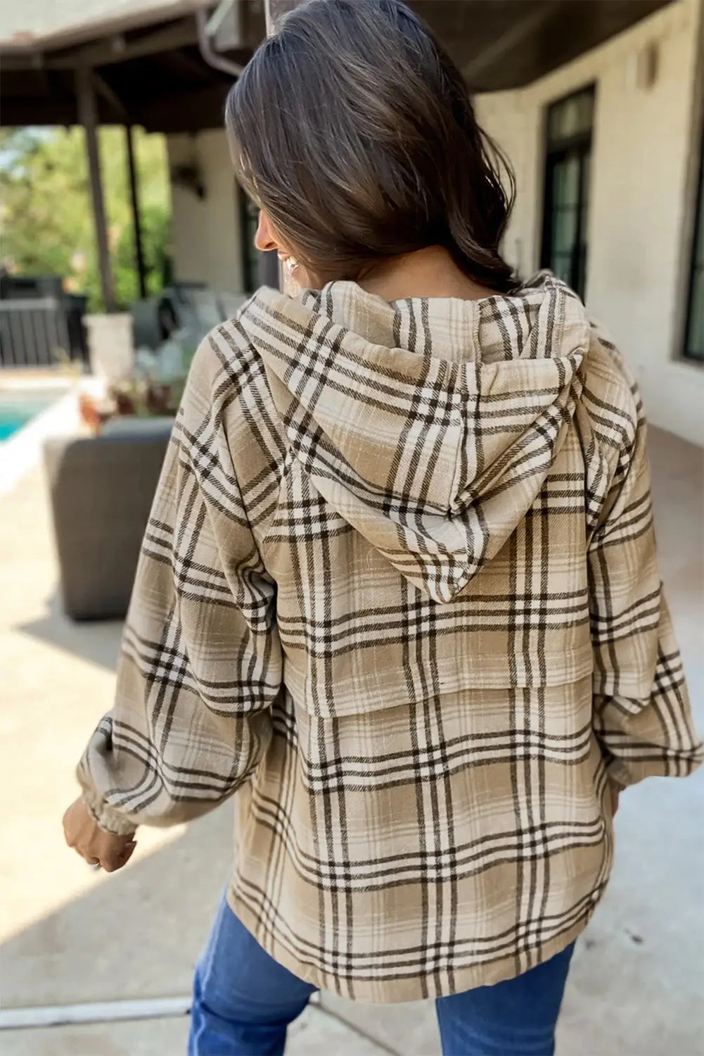 Khaki printed zipped front pullover plaid hoodie - tops