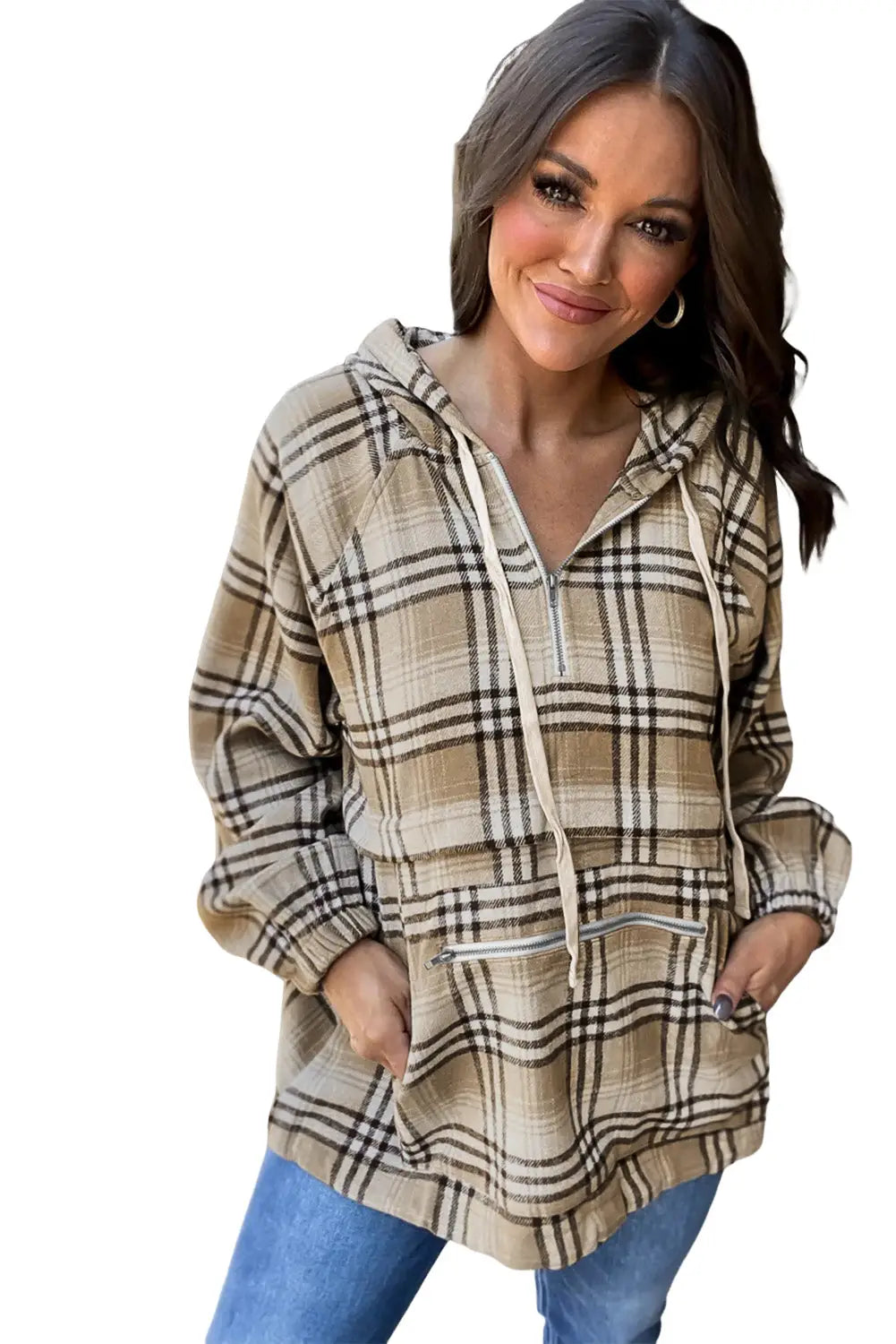 Khaki printed zipped front pullover plaid hoodie - sweatshirts & hoodies
