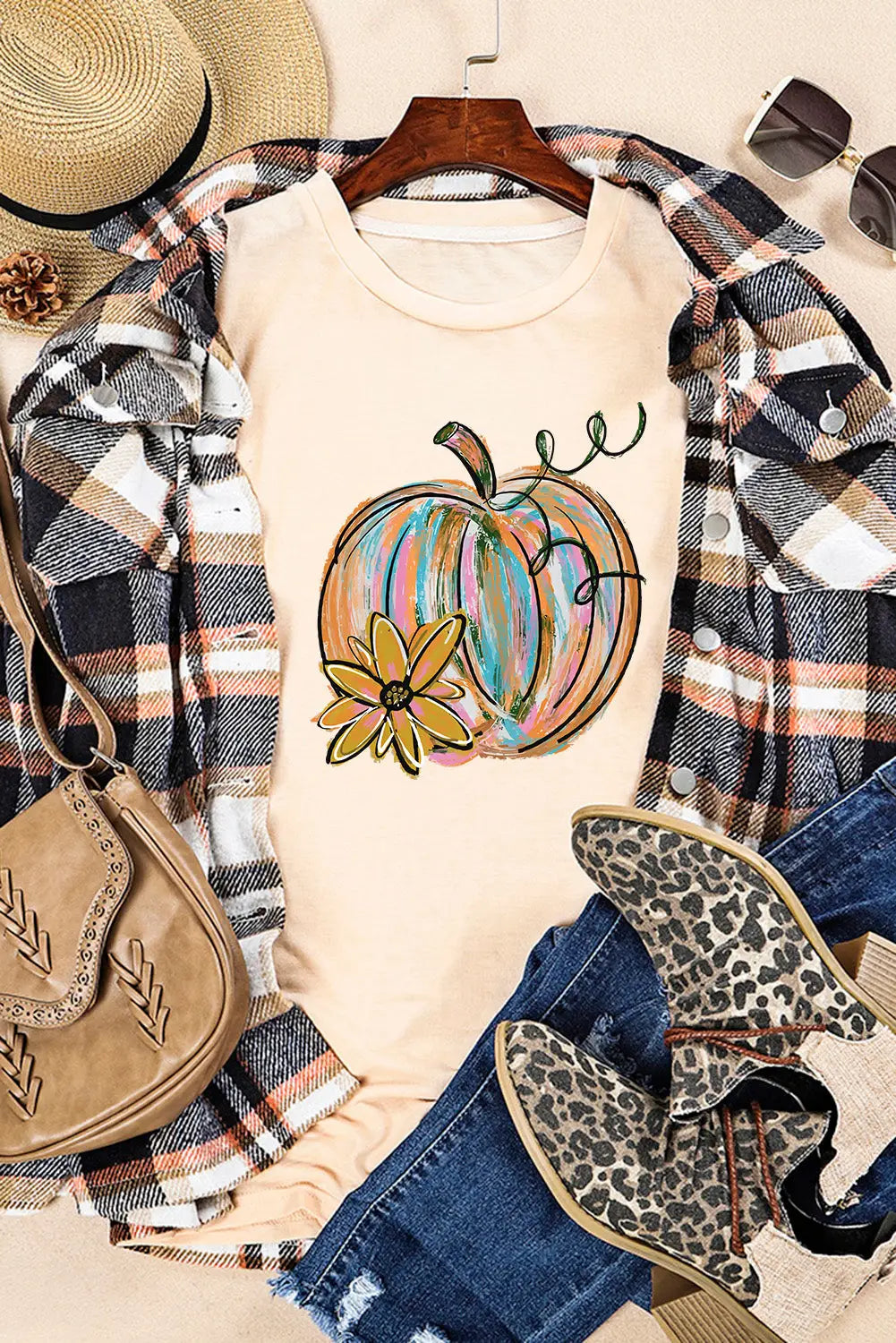 Khaki pumpkin with flower graphic t shirt - t-shirts